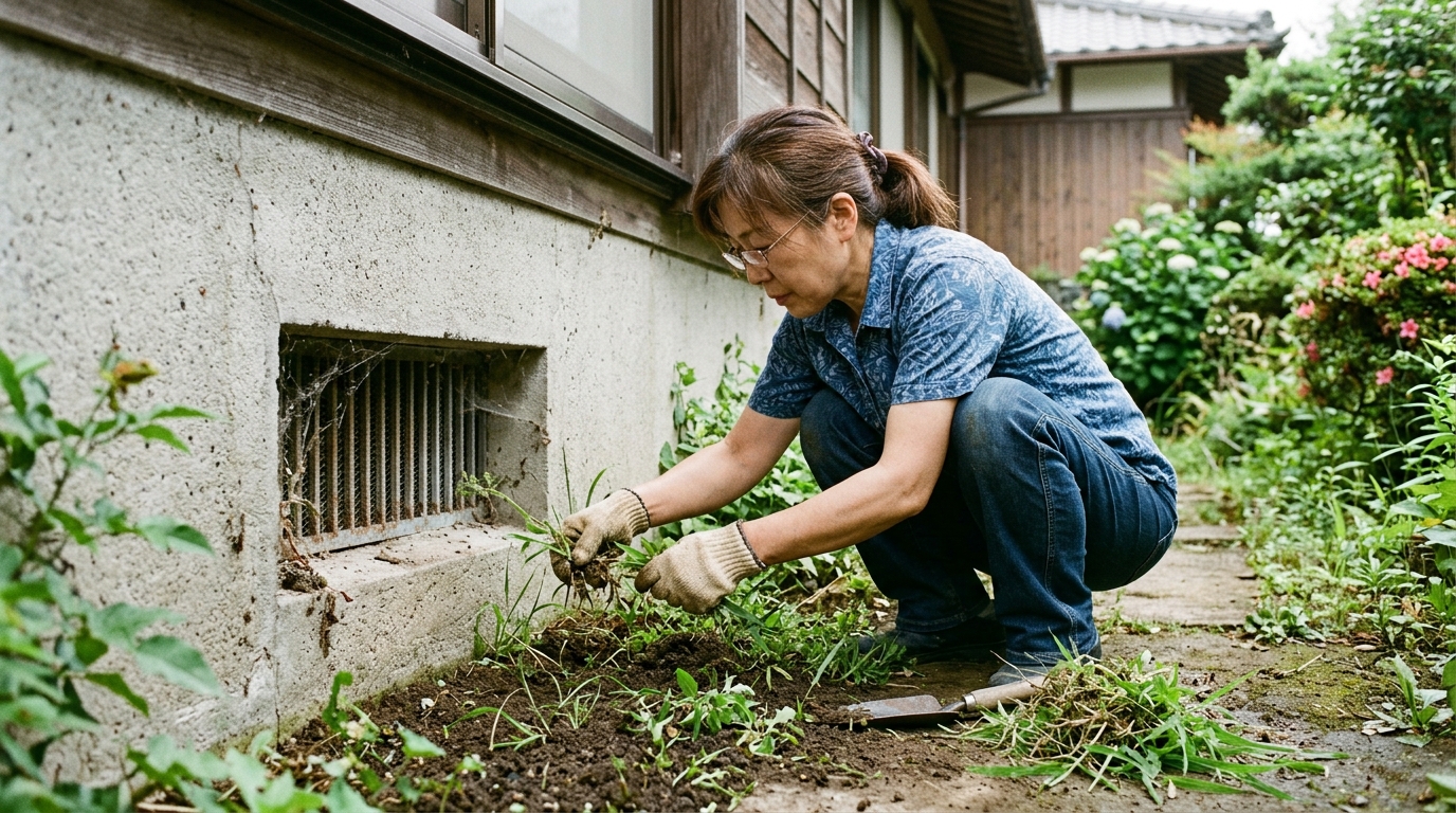 夏の「床下換気口」周りの除草と点検が木造住宅を守る、伝統工法の家を100年持たせるために今すぐやること