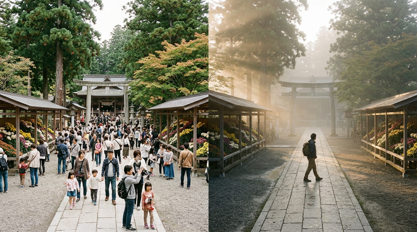 弥彦菊まつりの季節に「早朝の静けさ」を売る。渋滞を避けた神社参拝と地元の朝ごはんで選ばれる秋の宿づくり