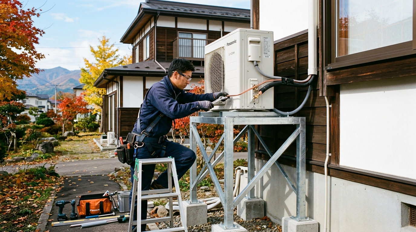 暖房停止を防ぐ！寒冷地エアコン「室外機」の防雪フード・高置台DIY点検完全ガイド