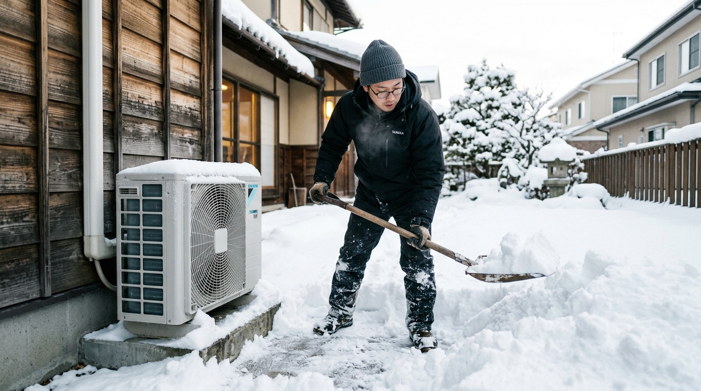 暖房停止を防ぐ！寒冷地エアコン「室外機」の防雪フード・高置台DIY点検完全ガイド