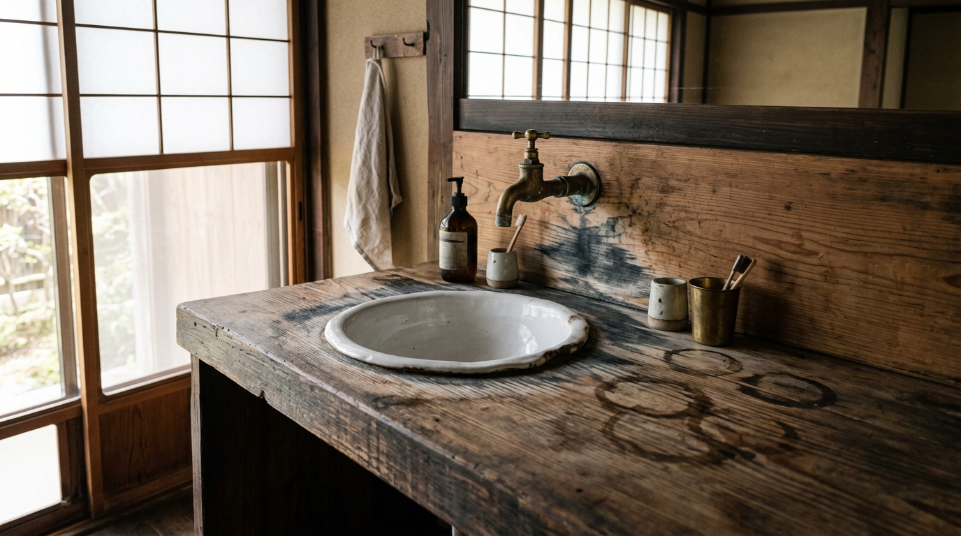 無垢材の洗面カウンターに出た黒ずみ、削り直さずに直せます。水まわりの無垢材を長持ちさせるリペアの話