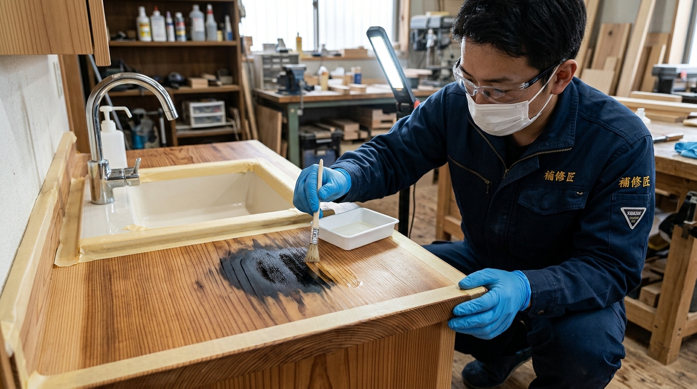 無垢材の洗面カウンターに出た黒ずみ、削り直さずに直せます。水まわりの無垢材を長持ちさせるリペアの話