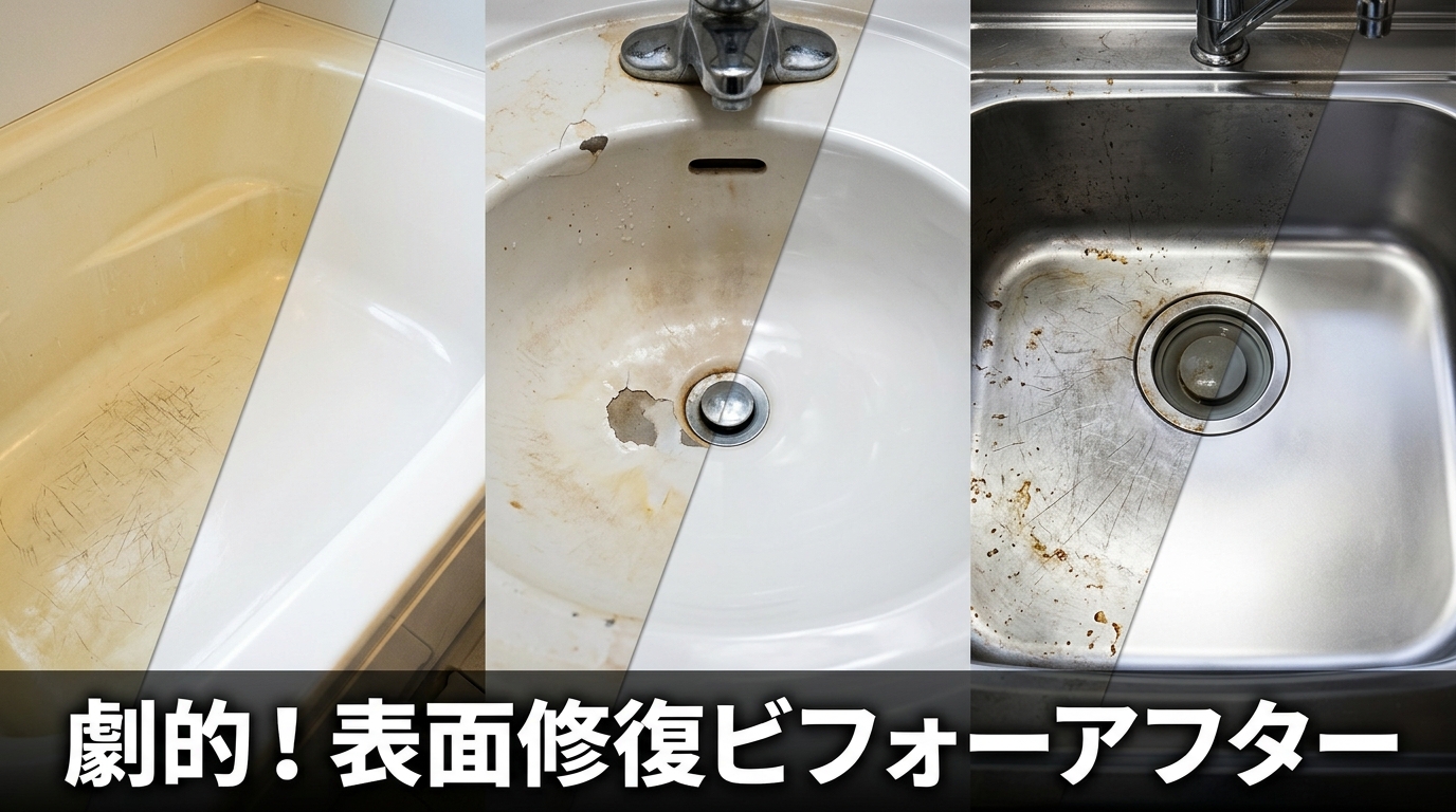 浴室・洗面台・キッチン「水回りの傷・変色」はリペアで直せる！交換せずに美観と清潔感を取り戻す方法浴室・洗面台・キッチン「水回りの傷・変色」はリペアで直せる！交換せずに美観と清潔感を取り戻す方法浴室・洗面台・キッチン「水回りの傷・変色」はリペアで直せる！交換せずに美観と清潔感を取り戻す方法