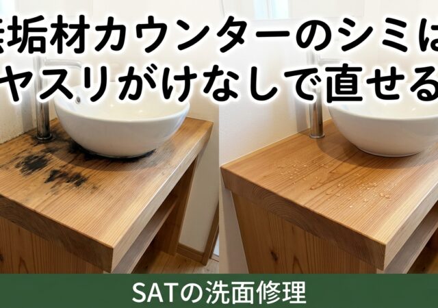 無垢材の洗面カウンターに出た黒ずみ、削り直さずに直せます。水まわりの無垢材を長持ちさせるリペアの話