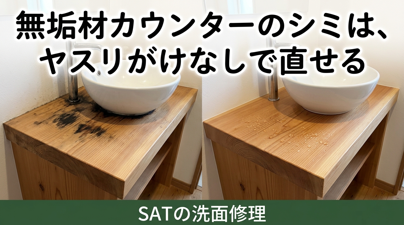 無垢材の洗面カウンターに出た黒ずみ、削り直さずに直せます。水まわりの無垢材を長持ちさせるリペアの話